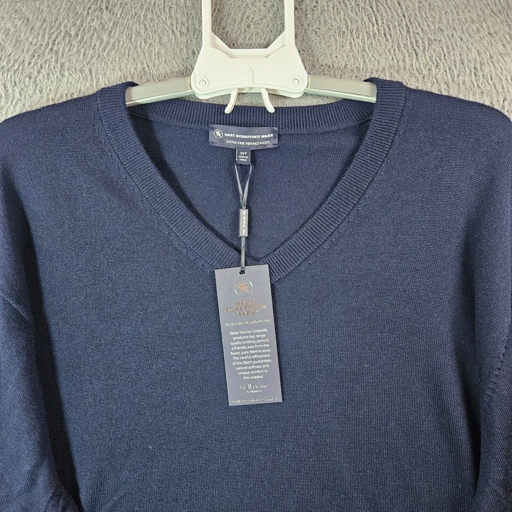 $99 NWT Hart Schaffner Marx 3XT 3X Tall Sweater Men Merino Wool V-Neck Navy Blue